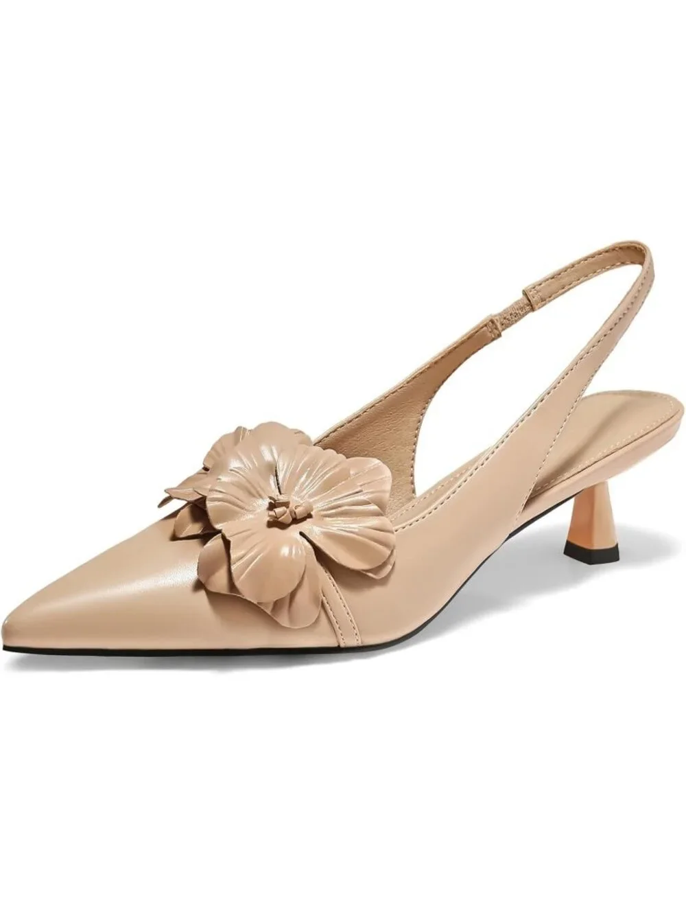Women's Khaki Flower Closed Pointed Toe Slingback Kitten Heels Wedding Pumps
